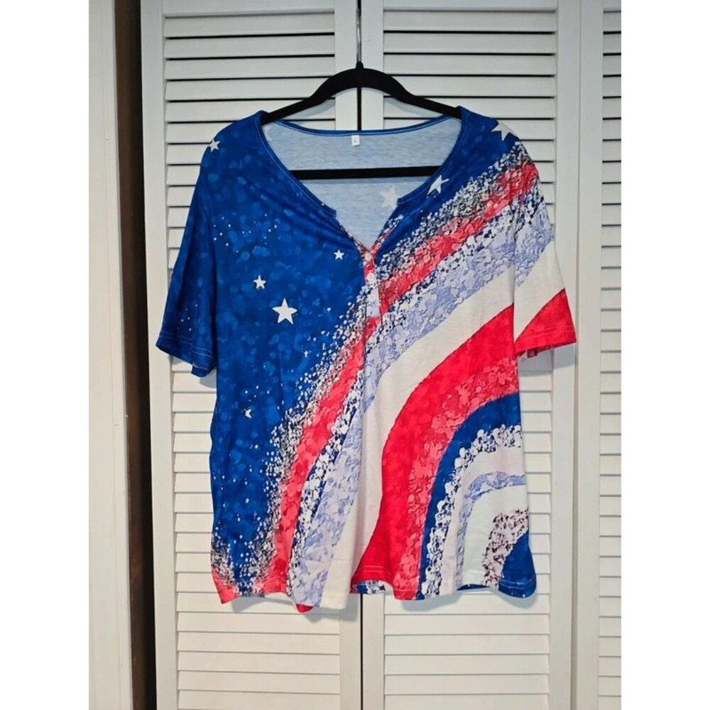 Red White Blue Stars & Stripes Henley Top – Large